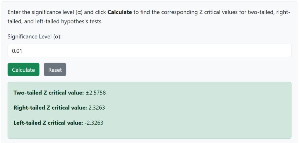 z critical value at alpha = 0.01 calculator solution