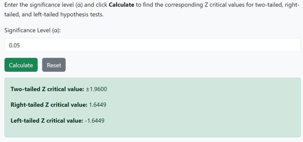 z critical value at alpha = 0.05 calculator solution