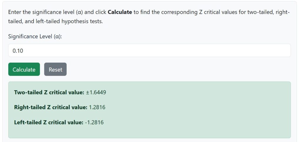 z critical value at alpha = 0.10 calculator solution