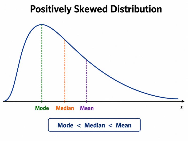 Positively skewed distribution - skewed to the right